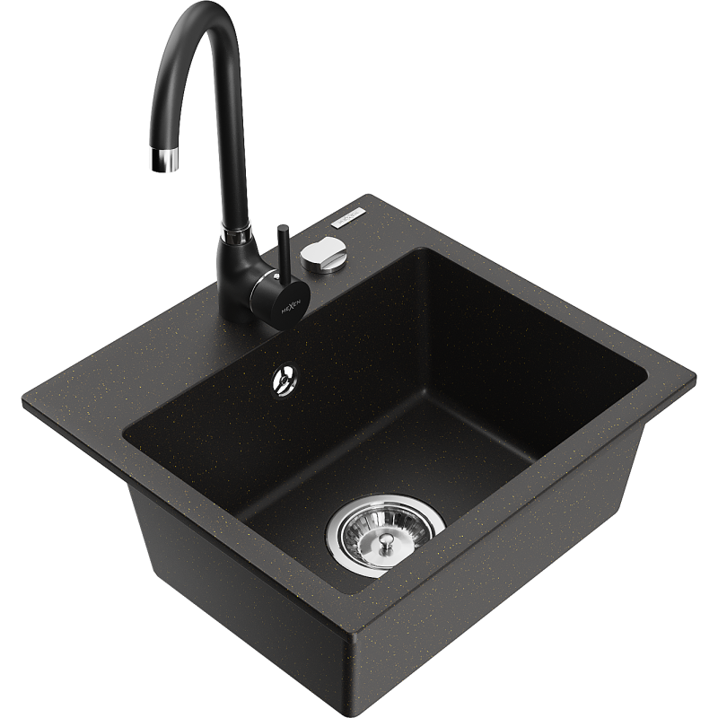 Mexen Milo lavello in granito 1 vasca con rubinetto da cucina Telma, nero/oro - 6505-75-670200-70