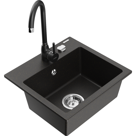 Mexen Milo granite sink with 1 bowl and Telma kitchen tap, black/gold - 6505-75-670200-70