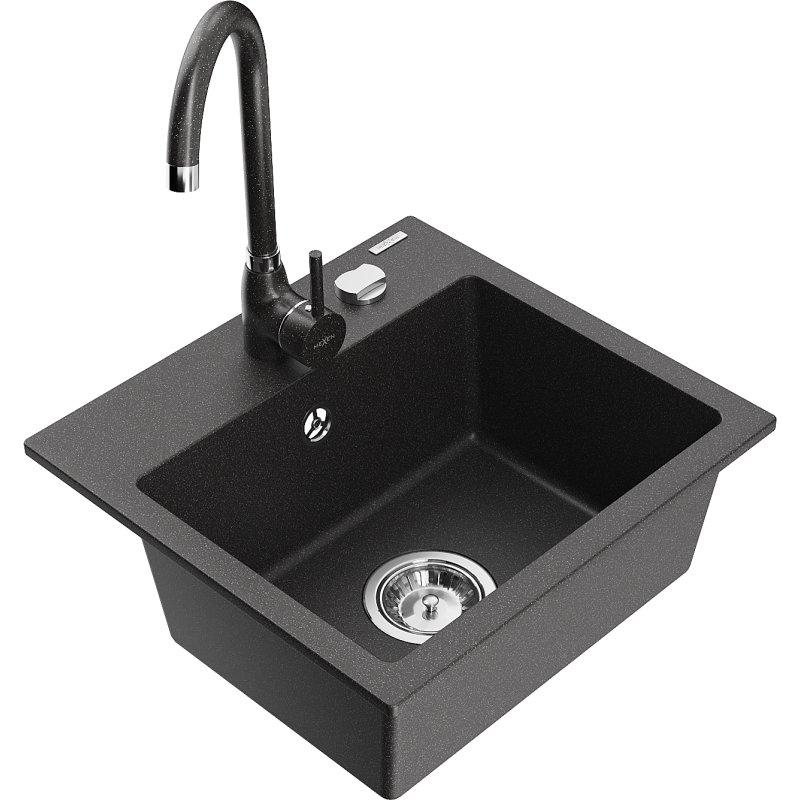 Mexen Milo 1-bowl granite sink with Telma kitchen tap, black speckled - 6505-76-670200-76