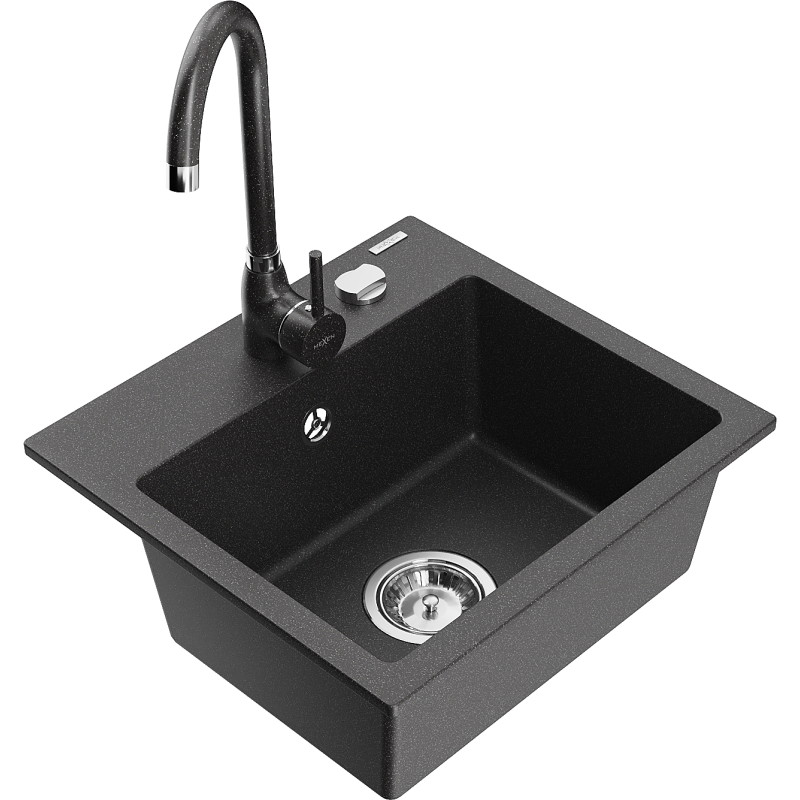 Mexen Milo fregadero de granito de 1 cubeta con grifo de cocina Telma, negro moteado - 6505-76-670200-76