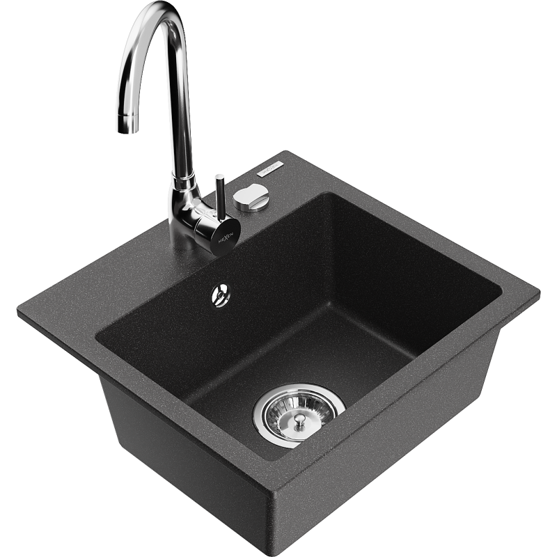 Mexen Milo évier en granit 1 bac avec robinet de cuisine Telma, noir moucheté - 6505-76-670200-00