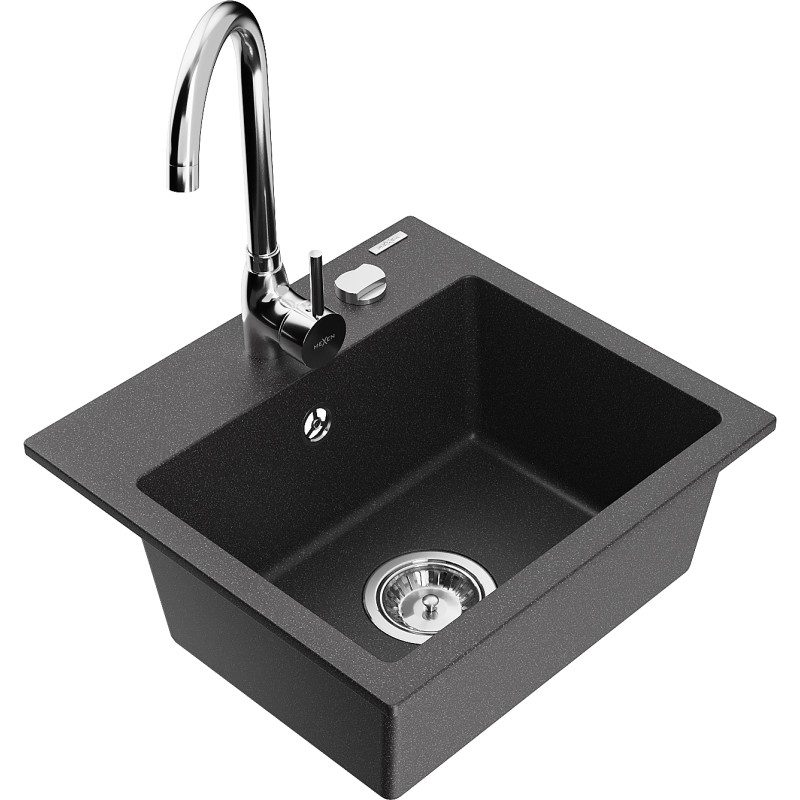 Mexen Milo fregadero de granito de 1 seno con grifo de cocina Telma, negro moteado - 6505-76-670200-00