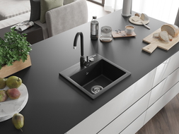 Mexen Milo granite sink 1-bowl with Telma kitchen tap, black - 6505-77-670200-70