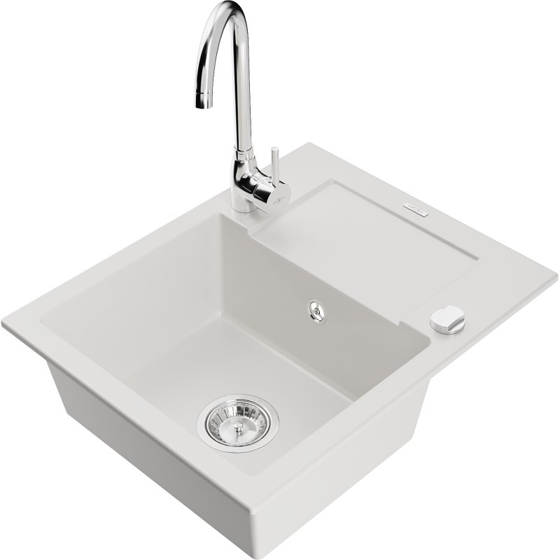 Mexen Enzo zlewozmywak granitowy 1-komorowy z ociekaczem i baterią kuchenną Telma, biały - 6506-20-670200-00