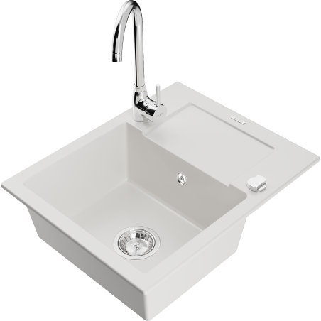 Mexen Enzo fregadero de granito 1-cubeta con escurridor y grifo de cocina Telma, blanco - 6506-20-670200-00