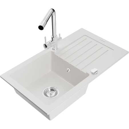 Mexen Pablo 1-bowl granite sink with drainer and Duero kitchen tap, white - 6510-20-671600-00