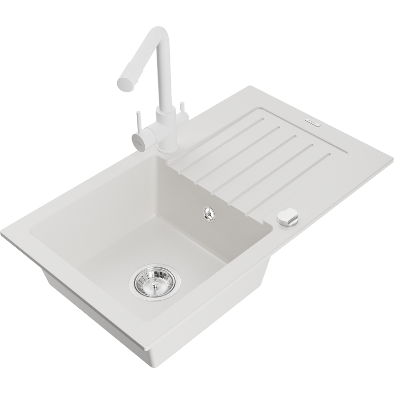 Mexen Pablo granite kitchen sink 1-bowl with drainer and Duero kitchen tap, white - 6510-20-671600-20