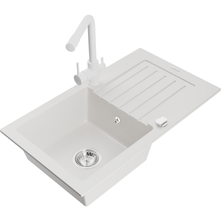 Mexen Pablo granite kitchen sink 1-bowl with drainer and Duero kitchen tap, white - 6510-20-671600-20