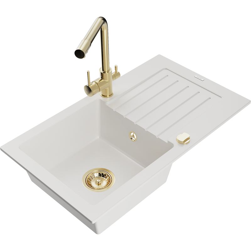 Mexen Pablo granitdiskho med en kammare med avrinningsyta och köksblandare Duero, vit - 6510-20-671600-50