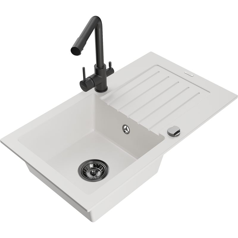 Mexen Pablo fregadero de granito 1-cámara con escurridor y grifo de cocina Duero, blanco - 6510-20-671600-70