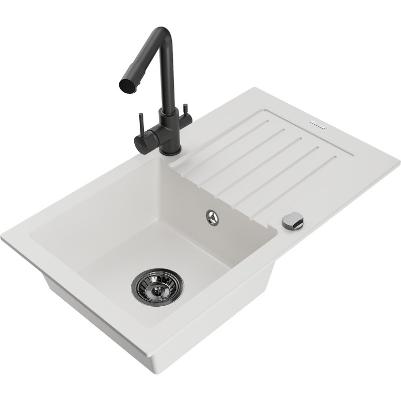 Mexen Pablo Granitspoelbak 1-kamer met afdruiprek en keukenmengkraan Duero, wit - 6510-20-671600-70