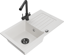 Mexen Pablo granieten spoelbak 1-komorige met afdruiprek en keukenkraan Duero, wit - 6510-20-671600-70