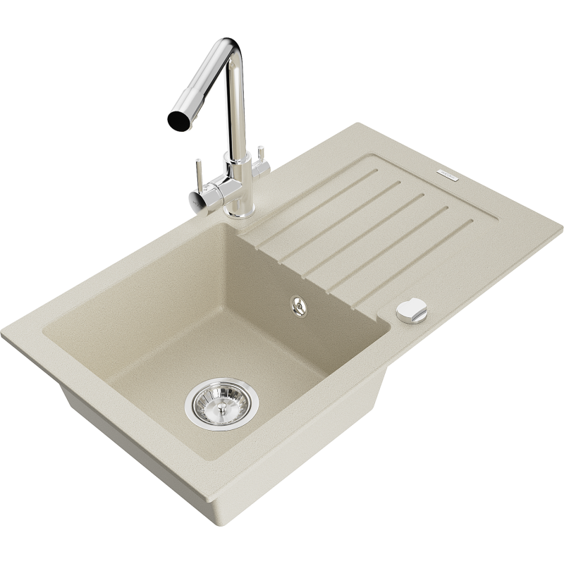 Mexen Pablo fregadero de granito de 1 cuenca con escurridor y grifo de cocina Duero, beige - 6510-69-671600-00