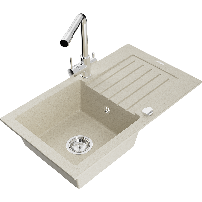 Mexen Pablo granite kitchen sink 1-bowl with drainer and Duero kitchen tap, beige - 6510-69-671600-00