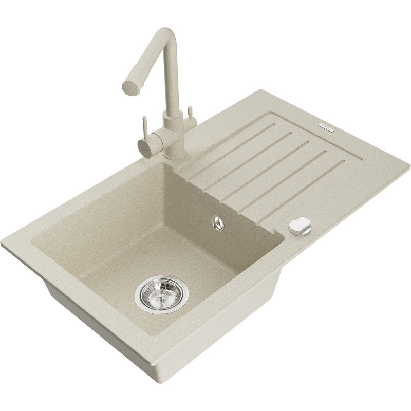 Mexen Pablo granitische gootsteen 1-komma met afdruiprek en keuken kraan Duero, beige - 6510-69-671600-69