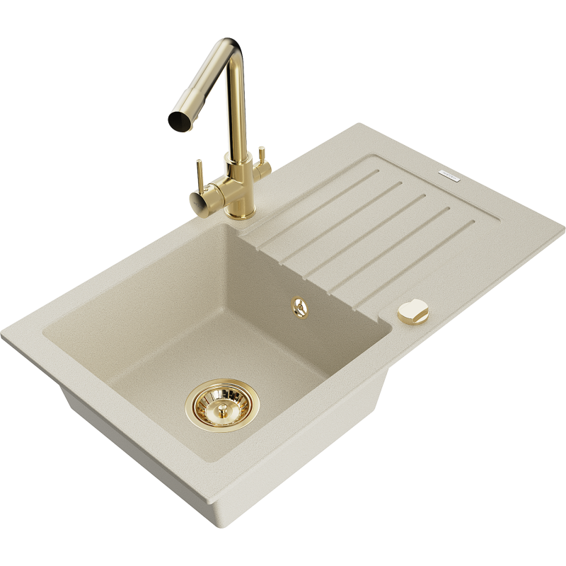 Mexen Pablo 1-bowl granite sink with drainer and Duero kitchen tap, beige - 6510-69-671600-50