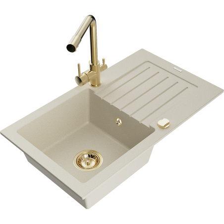 Mexen Pablo Granieten spoelbak 1-kompartement met afdruiprek en keukenkraan Duero, beige - 6510-69-671600-50