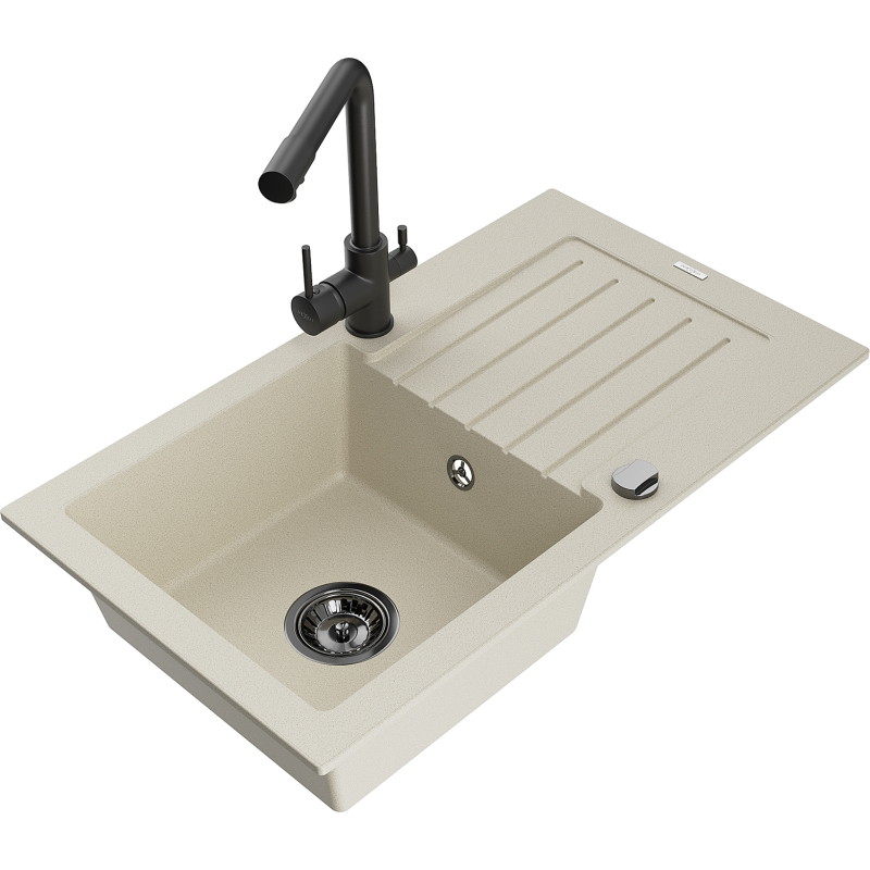 Mexen Pablo fregadero de granito de 1 cubeta con escurridor y grifo de cocina Duero, beige - 6510-69-671600-70