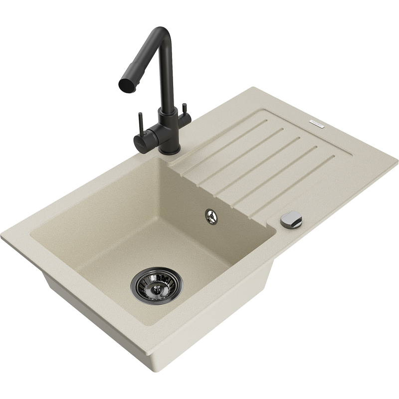 Mexen Pablo fregadero de granito de 1 seno con escurridor y grifo de cocina Duero, beige - 6510-69-671600-70