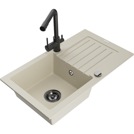 Mexen Pablo 1-bowl Granite Sink with Drainer and Duero Kitchen Faucet, Beige - 6510-69-671600-70