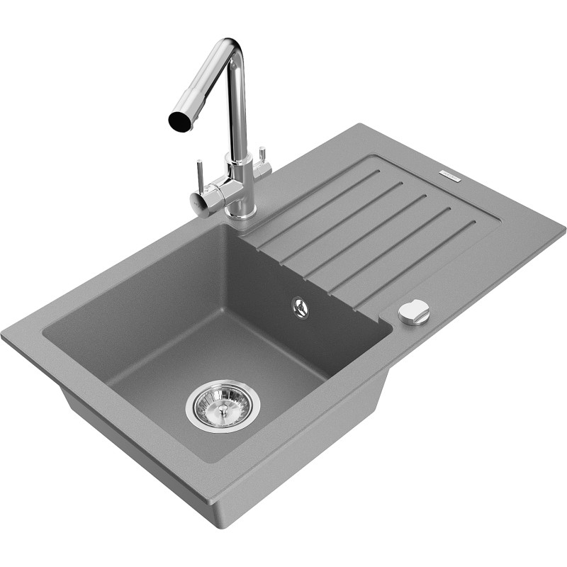 Mexen Pablo fregadero de granito de 1 cubeta con escurridor y grifo de cocina Duero, gris - 6510-71-671600-00