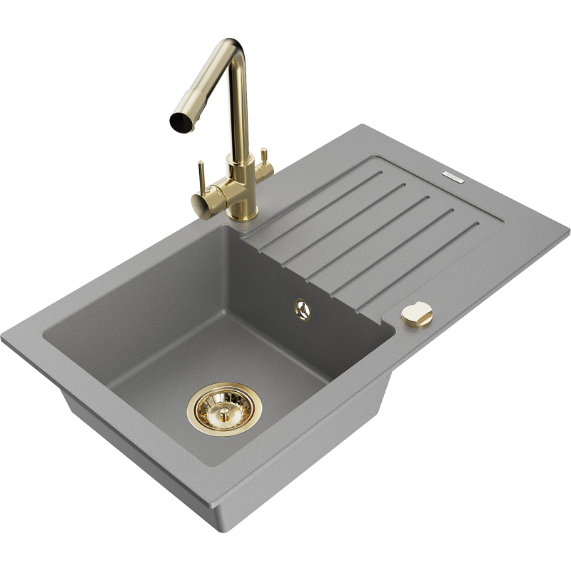 Mexen Pablo 1-bowl granite sink with drainer and Duero kitchen tap, grey - 6510-71-671600-50