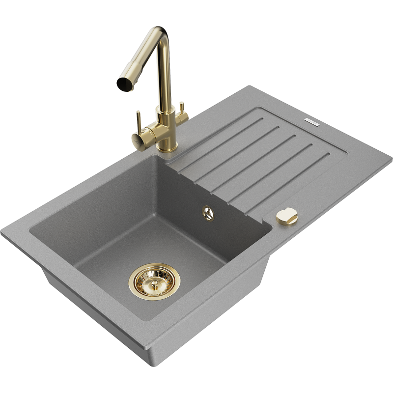 Mexen Pablo Granit izlietne ar vienu nodalījumu, pilienveida un virtuves jaucējkrānu Duero, pelēka - 6510-71-671600-50