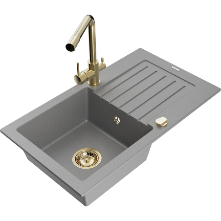 Mexen Pablo 1-bowl granite sink with drainer and Duero kitchen tap, grey - 6510-71-671600-50