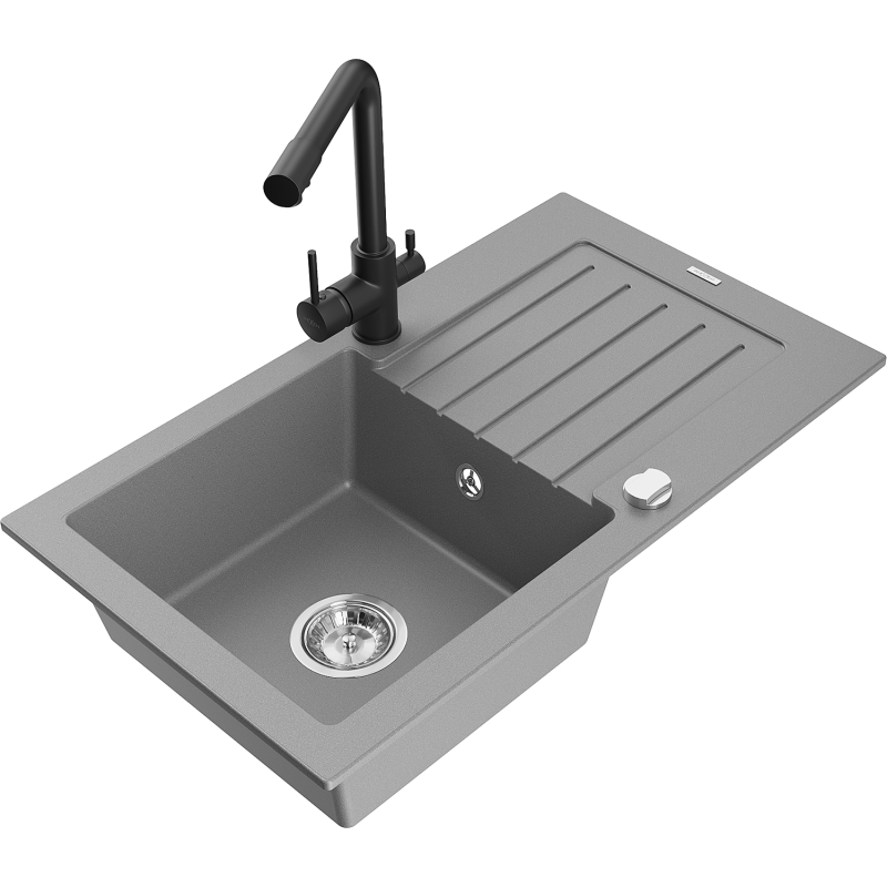 Mexen Pablo fregadero de granito de 1 seno con escurridor y grifo de cocina Duero, gris - 6510-71-671600-70