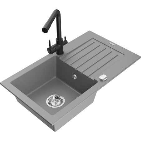 Mexen Pablo 1-bowl granite sink with drainer and Duero kitchen tap, grey - 6510-71-671600-70