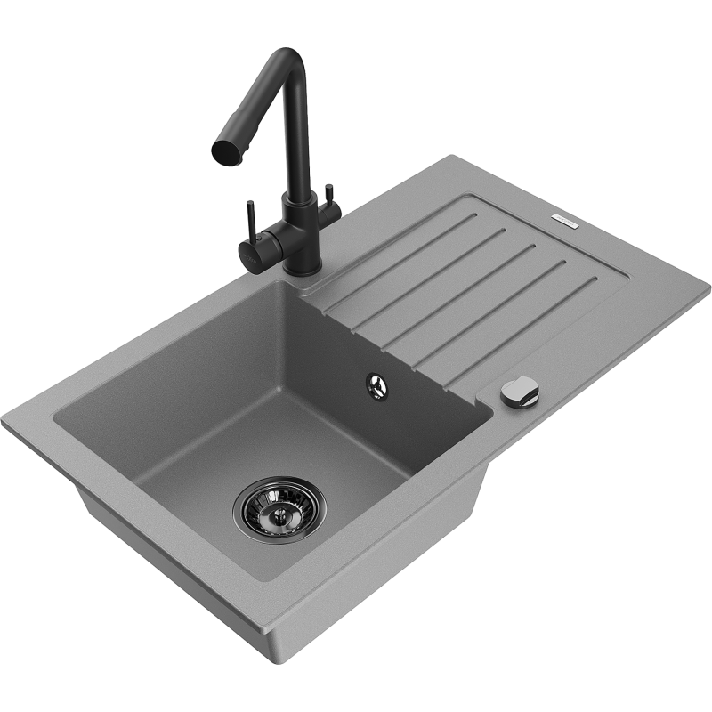 Mexen Pablo évier en granit à 1 bac avec égouttoir et robinet de cuisine Duero, gris - 6510-71-671600-70-B