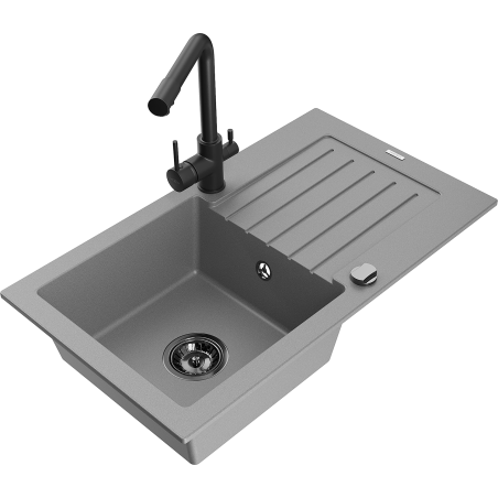 Mexen Pablo évier en granit à 1 bac avec égouttoir et robinet de cuisine Duero, gris - 6510-71-671600-70-B