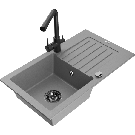 Mexen Pablo fregadero de granito de 1 cubeta con escurridor y grifo de cocina Duero, gris - 6510-71-671600-70-B