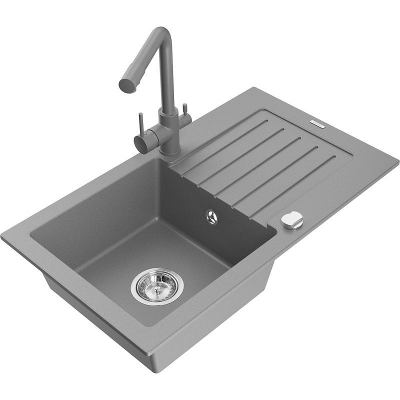 Mexen Pablo 1-bowl granite sink with drainer and Duero kitchen tap, grey - 6510-71-671600-71