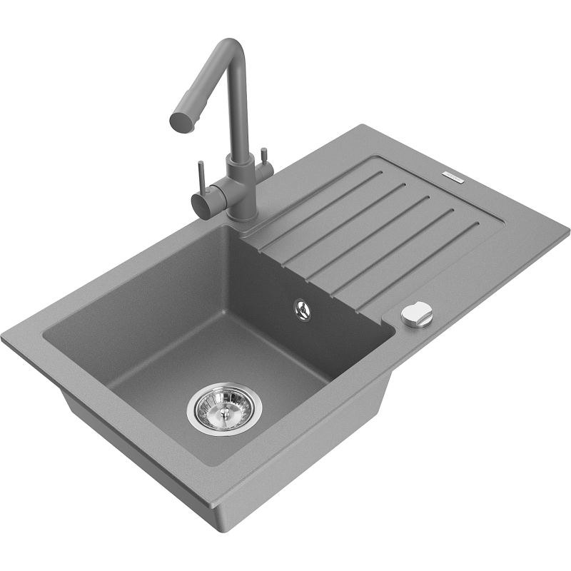 Mexen Pablo fregadero de granito de 1 cubeta con escurridor y grifo de cocina Duero, gris - 6510-71-671600-71