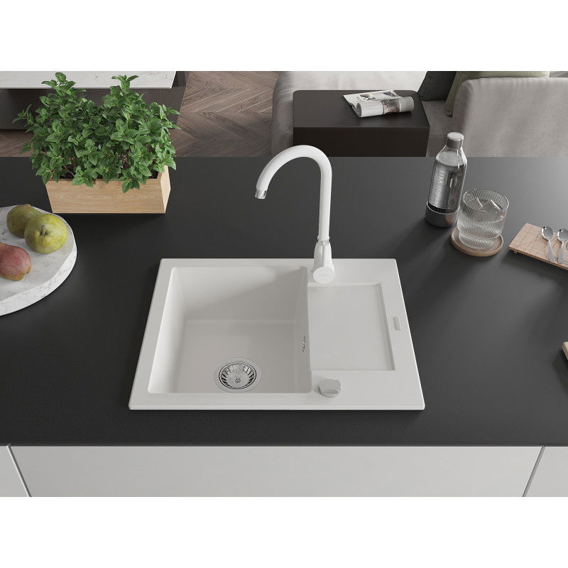 Mexen Enzo granite sink 1-bowl with drainer and Telma kitchen tap, white - 6506-20-670200-20