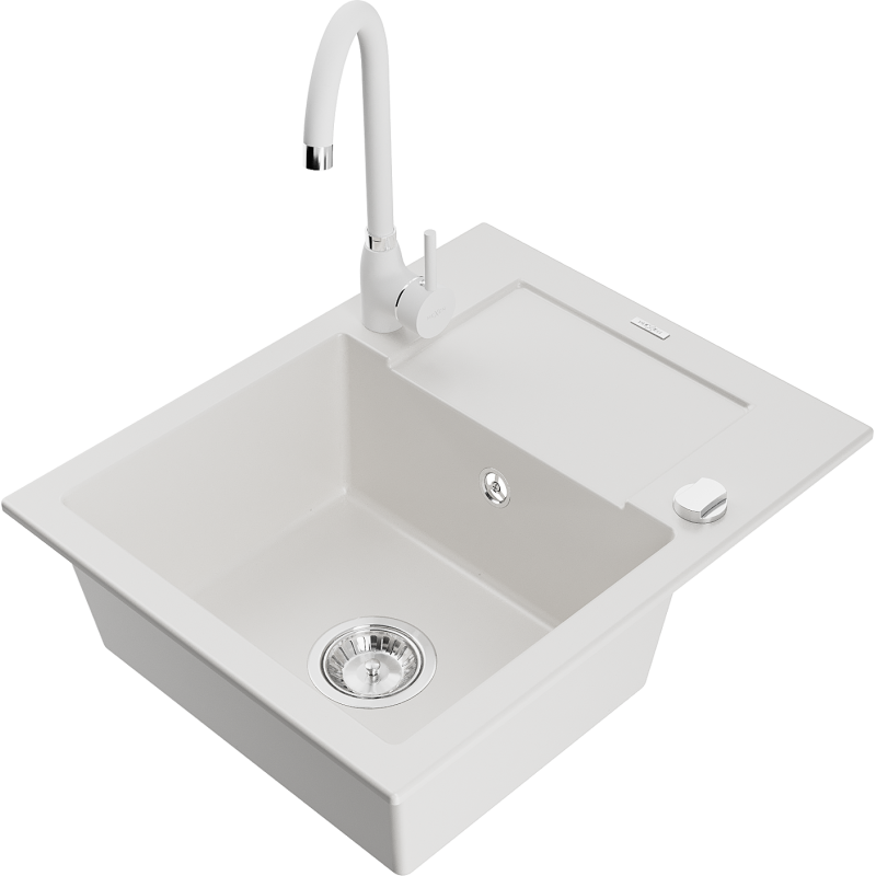 Mexen Enzo fregadero de granito de 1 cubeta con escurridor y grifo de cocina Telma, blanco - 6506-20-670200-20