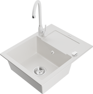 Mexen Enzo granite kitchen sink 1-bowl with drainer and kitchen faucet Telma, white - 6506-20-670200-20