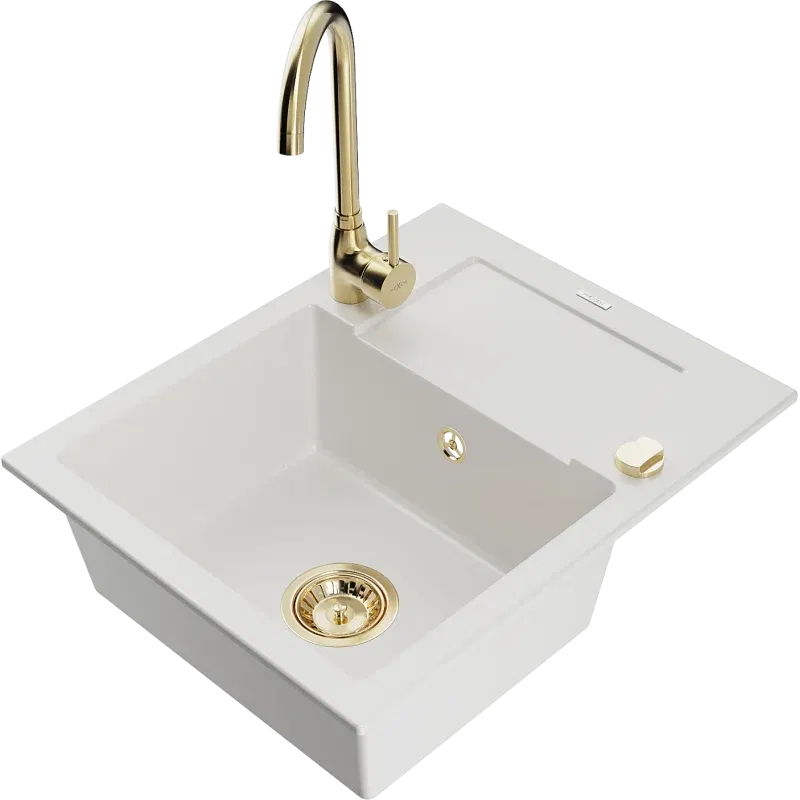 Mexen Enzo évier en granit à 1 bac avec égouttoir et robinet de cuisine Telma, blanc - 6506-20-670200-50