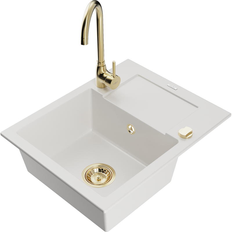 Mexen Enzo granieten gootsteen 1-komors met afdruiprek en keukenmengkraan Telma, wit - 6506-20-670200-50