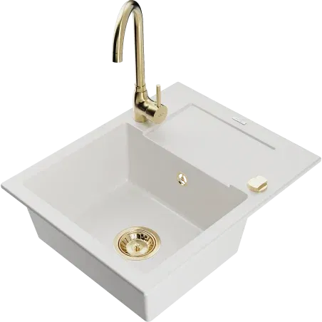 Mexen Enzo évier en granit à 1 bac avec égouttoir et robinet de cuisine Telma, blanc - 6506-20-670200-50