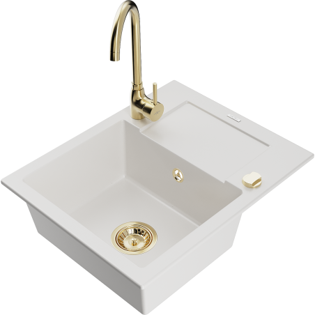 Mexen Enzo granite kitchen sink 1-bowl with drainer and Telma kitchen tap, white - 6506-20-670200-50