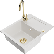Mexen Enzo 1-bowl granite sink with drainer and Telma kitchen faucet, white - 6506-20-670200-50