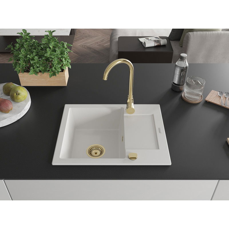 Mexen Enzo granite kitchen sink 1-bowl with drainer and Telma kitchen tap, white - 6506-20-670200-50