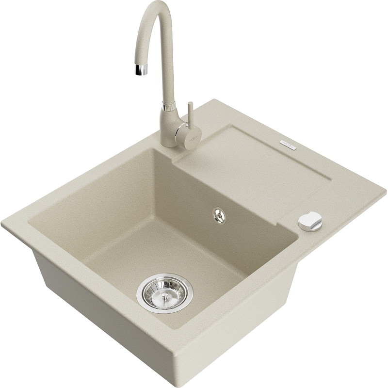 Mexen Enzo 1-bowl granite sink with drainer and Telma kitchen faucet, beige - 6506-69-670200-69