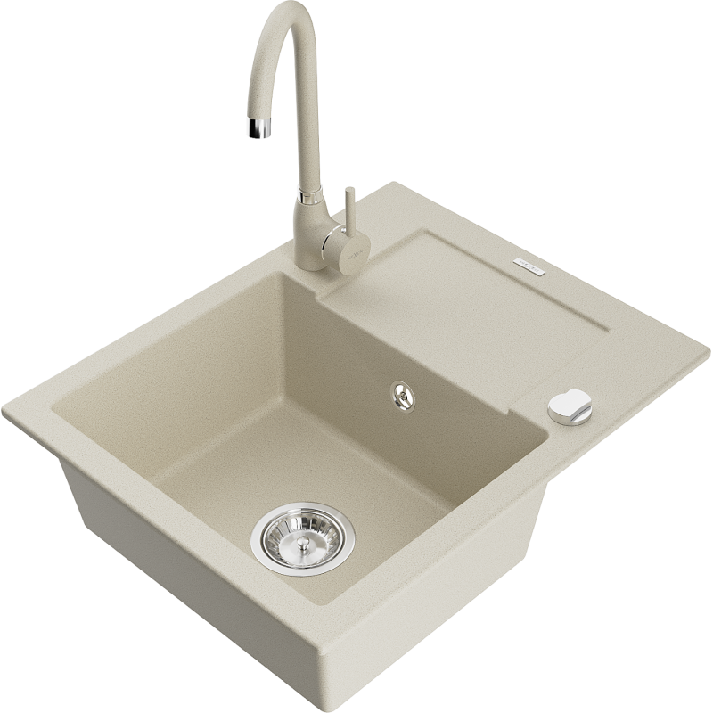 Mexen Enzo fregadero de granito de 1 seno con escurridor y grifo de cocina Telma, beige - 6506-69-670200-69