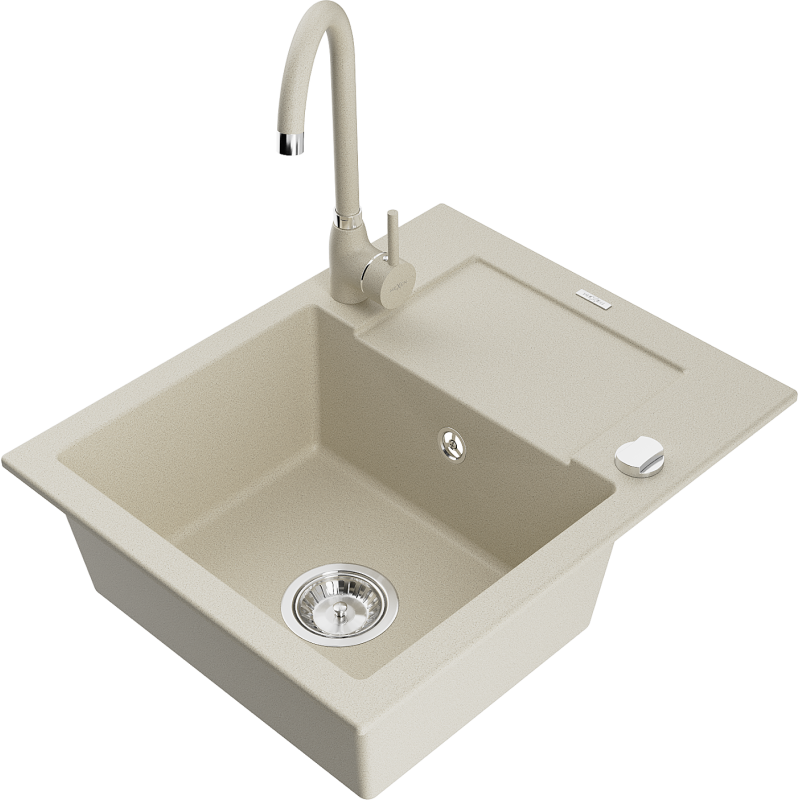 Mexen Enzo granieten spoelbak 1-komers met afdruiprek en keukenkraan Telma, beige - 6506-69-670200-69