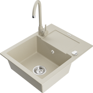 Mexen Enzo 1-bowl granite sink with drainer and Telma kitchen faucet, beige - 6506-69-670200-69