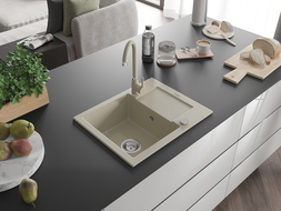 Mexen Enzo Granitspüle 1-Becken mit Abtropffläche und Küchenarmatur Telma, beige - 6506-69-670200-69