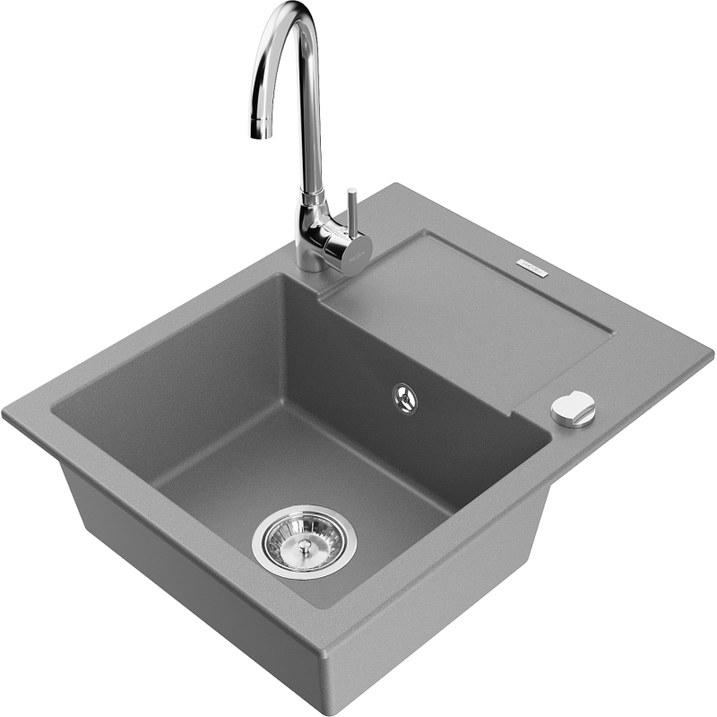 Mexen Enzo fregadero de granito de 1 cubeta con escurridor y grifo de cocina Telma, gris - 6506-71-670200-00